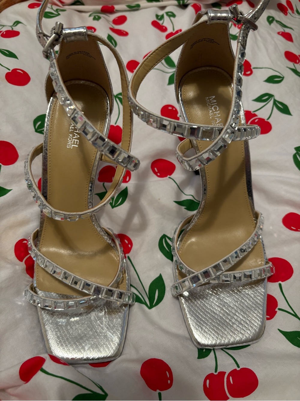New Michael Kors Silver Embellished Strappy Heeled Sandals